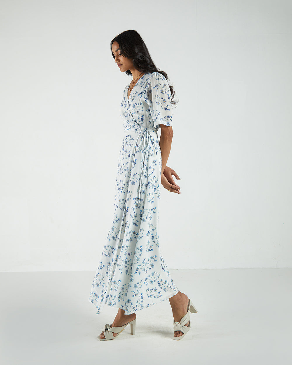 White Floral Wrap Dress by Reistor with A Summer Situation by Reistor, Bemberg, Casual Wear, FB ADS JUNE, Natural, Printed Selfsame, Prints, White, Womenswear, Wrap Dresses at Kamakhyaa for sustainable fashion