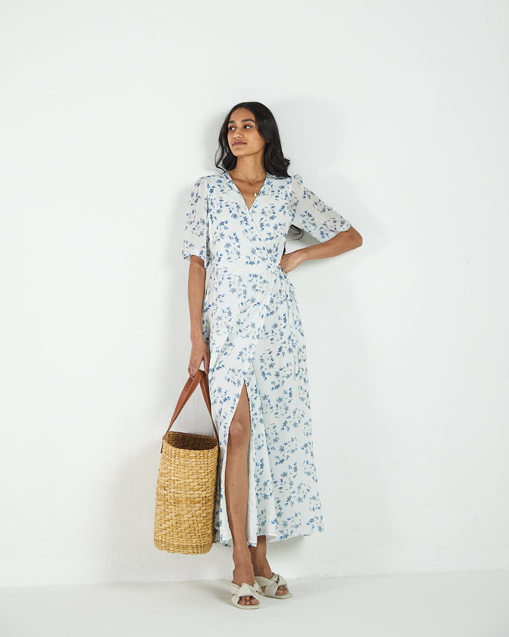White Floral Wrap Dress by Reistor with A Summer Situation by Reistor, Bemberg, Casual Wear, FB ADS JUNE, Natural, Printed Selfsame, Prints, White, Womenswear, Wrap Dresses at Kamakhyaa for sustainable fashion