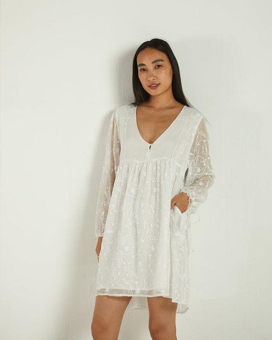 White Mini Dress by Reistor with A Summer Situation by Reistor, Bemberg, Casual Wear, Chiffon, FB ADS JUNE, Highend fashion, Mini Dresses, Natural, Solids, White, Womenswear at Kamakhyaa for sustainable fashion