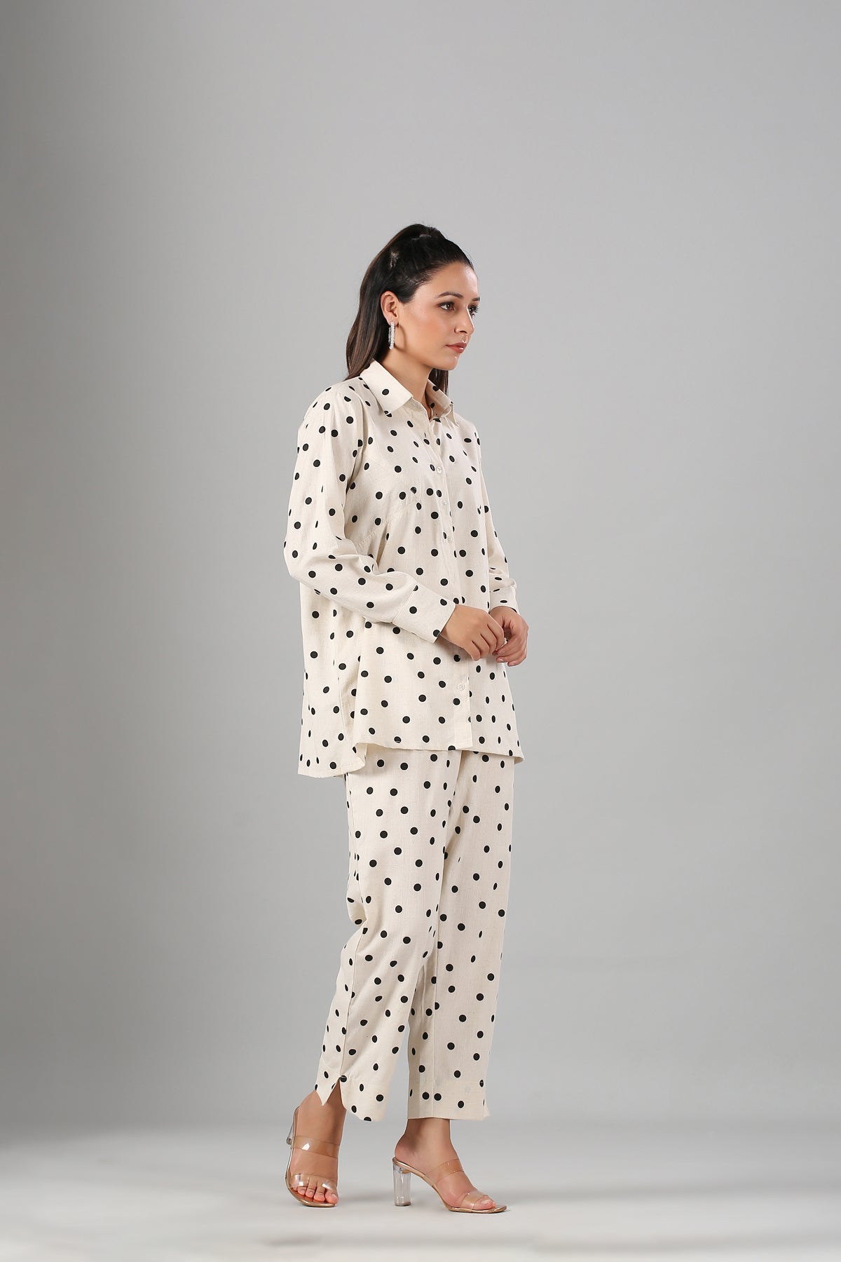 White Polka Co ord Set by MOH-The Eternal Dhaga with Cotton, Cotton Slub, Moh-The eternal Dhaga, Natural, Office Wear, Office Wear Co-ords, Polka Dots, Prints, Relaxed Fit, White, Womenswear at Kamakhyaa for sustainable fashion