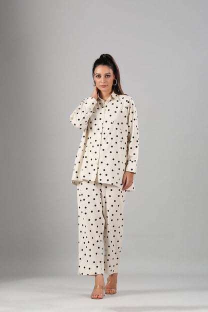 White Polka Co ord Set by MOH-The Eternal Dhaga with Cotton, Cotton Slub, Moh-The eternal Dhaga, Natural, Office Wear, Office Wear Co-ords, Polka Dots, Prints, Relaxed Fit, White, Womenswear at Kamakhyaa for sustainable fashion