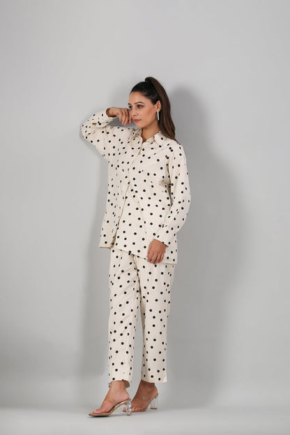 White Polka Co ord Set by MOH-The Eternal Dhaga with Cotton, Cotton Slub, Moh-The eternal Dhaga, Natural, Office Wear, Office Wear Co-ords, Polka Dots, Prints, Relaxed Fit, White, Womenswear at Kamakhyaa for sustainable fashion