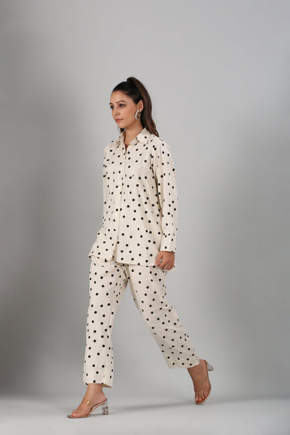 White Polka Co ord Set by MOH-The Eternal Dhaga with Cotton, Cotton Slub, Moh-The eternal Dhaga, Natural, Office Wear, Office Wear Co-ords, Polka Dots, Prints, Relaxed Fit, White, Womenswear at Kamakhyaa for sustainable fashion