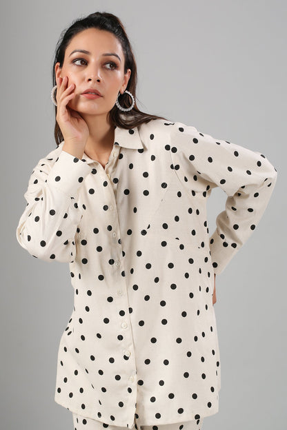 White Polka Co ord Set by MOH-The Eternal Dhaga with Cotton, Cotton Slub, Moh-The eternal Dhaga, Natural, Office Wear, Office Wear Co-ords, Polka Dots, Prints, Relaxed Fit, White, Womenswear at Kamakhyaa for sustainable fashion