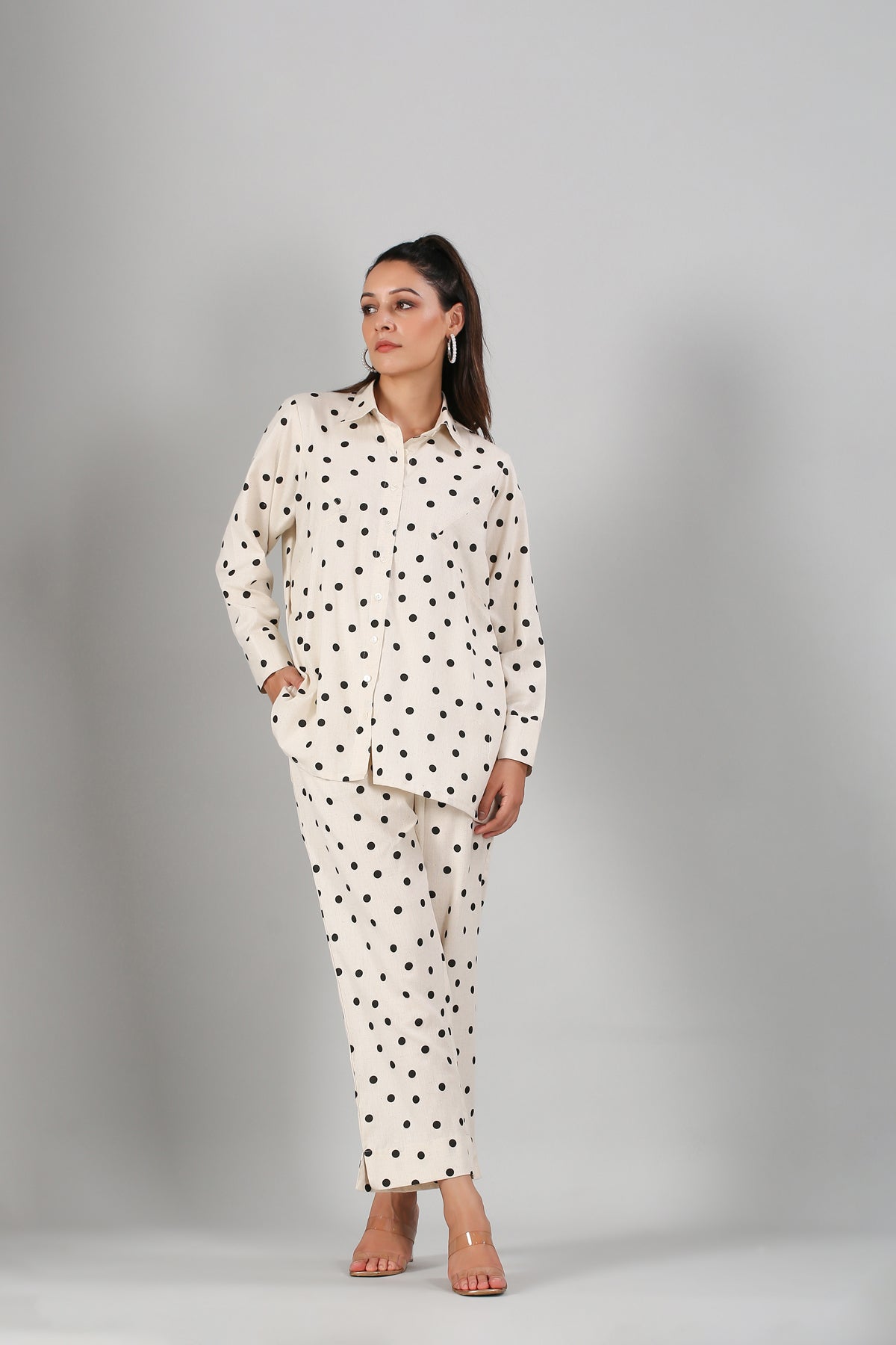 White Polka Co ord Set by MOH-The Eternal Dhaga with Cotton, Cotton Slub, Moh-The eternal Dhaga, Natural, Office Wear, Office Wear Co-ords, Polka Dots, Prints, Relaxed Fit, White, Womenswear at Kamakhyaa for sustainable fashion