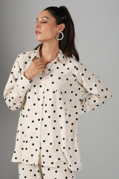 White Polka Co ord Set by MOH-The Eternal Dhaga with Cotton, Cotton Slub, Moh-The eternal Dhaga, Natural, Office Wear, Office Wear Co-ords, Polka Dots, Prints, Relaxed Fit, White, Womenswear at Kamakhyaa for sustainable fashion