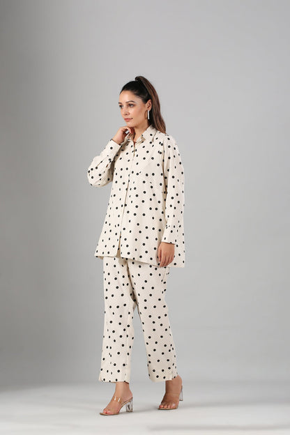 White Polka Co ord Set by MOH-The Eternal Dhaga with Cotton, Cotton Slub, Moh-The eternal Dhaga, Natural, Office Wear, Office Wear Co-ords, Polka Dots, Prints, Relaxed Fit, White, Womenswear at Kamakhyaa for sustainable fashion