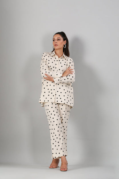 White Polka Co ord Set by MOH-The Eternal Dhaga with Cotton, Cotton Slub, Moh-The eternal Dhaga, Natural, Office Wear, Office Wear Co-ords, Polka Dots, Prints, Relaxed Fit, White, Womenswear at Kamakhyaa for sustainable fashion