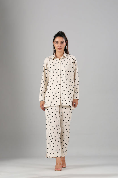 White Polka Co ord Set by MOH-The Eternal Dhaga with Cotton, Cotton Slub, Moh-The eternal Dhaga, Natural, Office Wear, Office Wear Co-ords, Polka Dots, Prints, Relaxed Fit, White, Womenswear at Kamakhyaa for sustainable fashion