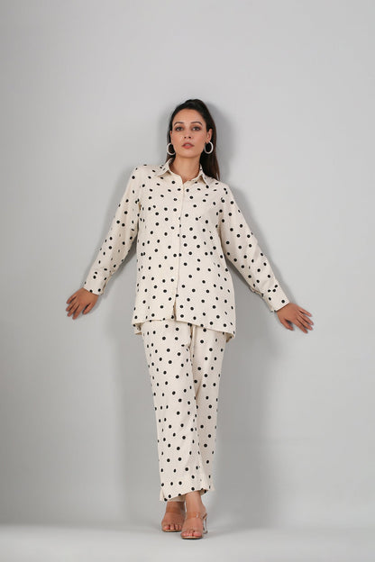 White Polka Co ord Set by MOH-The Eternal Dhaga with Cotton, Cotton Slub, Moh-The eternal Dhaga, Natural, Office Wear, Office Wear Co-ords, Polka Dots, Prints, Relaxed Fit, White, Womenswear at Kamakhyaa for sustainable fashion