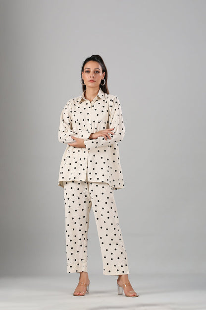 White Polka Co ord Set by MOH-The Eternal Dhaga with Cotton, Cotton Slub, Moh-The eternal Dhaga, Natural, Office Wear, Office Wear Co-ords, Polka Dots, Prints, Relaxed Fit, White, Womenswear at Kamakhyaa for sustainable fashion