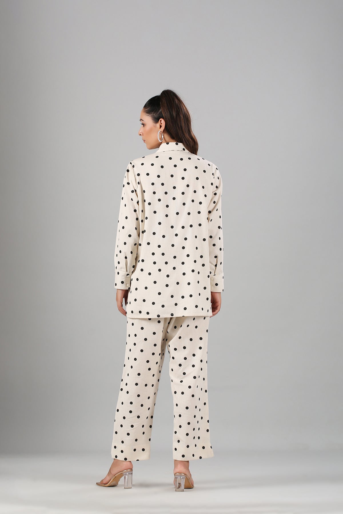 White Polka Co ord Set by MOH-The Eternal Dhaga with Cotton, Cotton Slub, Moh-The eternal Dhaga, Natural, Office Wear, Office Wear Co-ords, Polka Dots, Prints, Relaxed Fit, White, Womenswear at Kamakhyaa for sustainable fashion