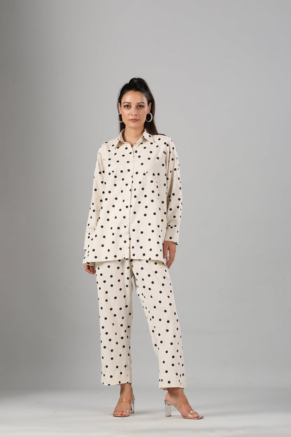 White Polka Co ord Set by MOH-The Eternal Dhaga with Cotton, Cotton Slub, Moh-The eternal Dhaga, Natural, Office Wear, Office Wear Co-ords, Polka Dots, Prints, Relaxed Fit, White, Womenswear at Kamakhyaa for sustainable fashion