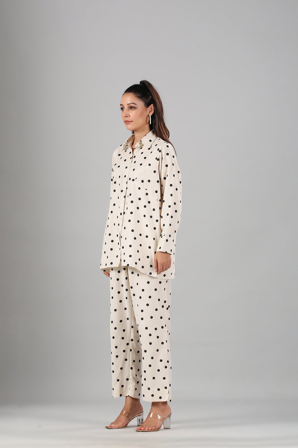 White Polka Co ord Set by MOH-The Eternal Dhaga with Cotton, Cotton Slub, Moh-The eternal Dhaga, Natural, Office Wear, Office Wear Co-ords, Polka Dots, Prints, Relaxed Fit, White, Womenswear at Kamakhyaa for sustainable fashion