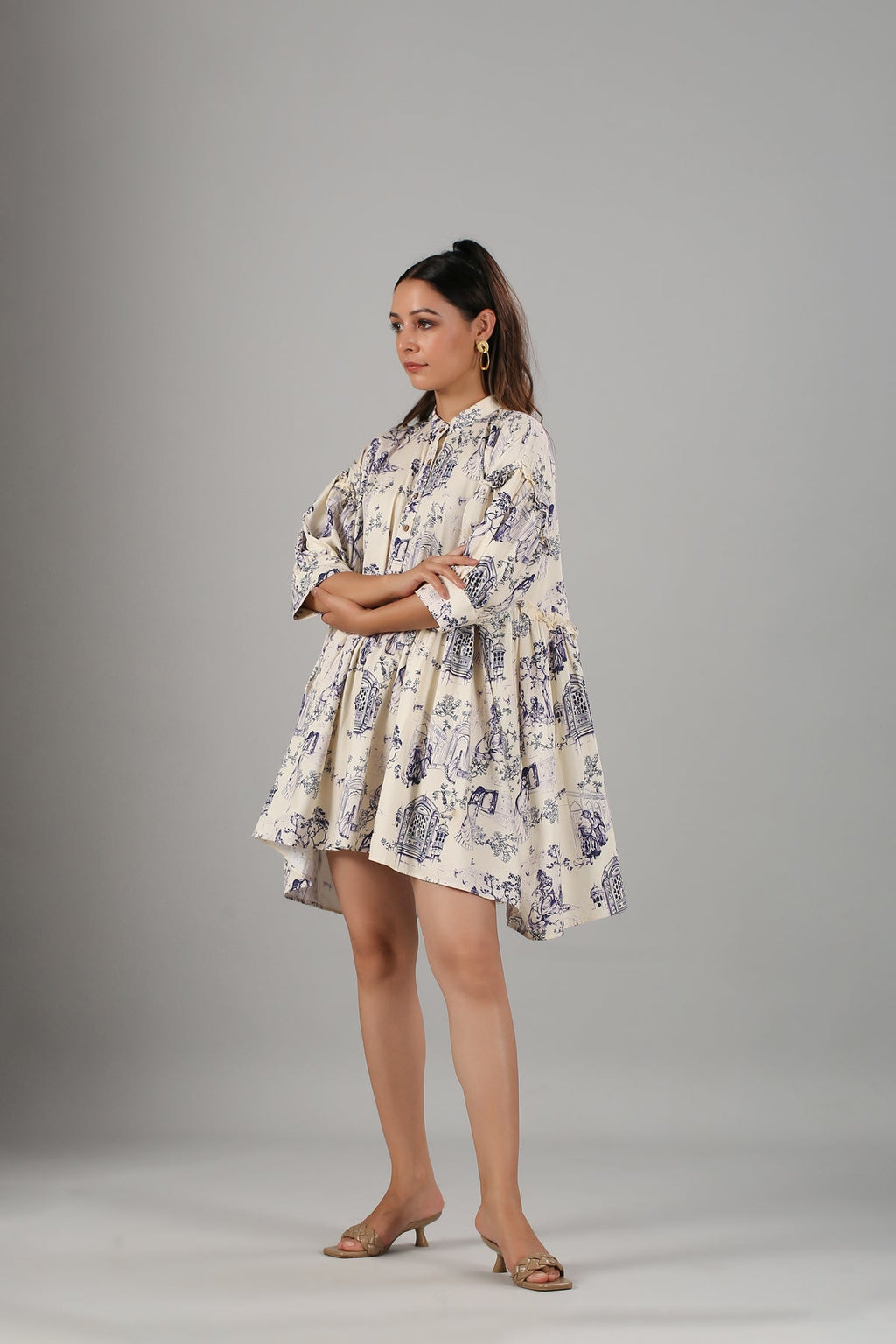 White Printed Mini Dress by MOH-The Eternal Dhaga with Casual Wear, Cotton, Mini Dresses, Moh-The eternal Dhaga, Natural, Prints, Relaxed Fit, Shirt Dresses, White, Womenswear at Kamakhyaa for sustainable fashion