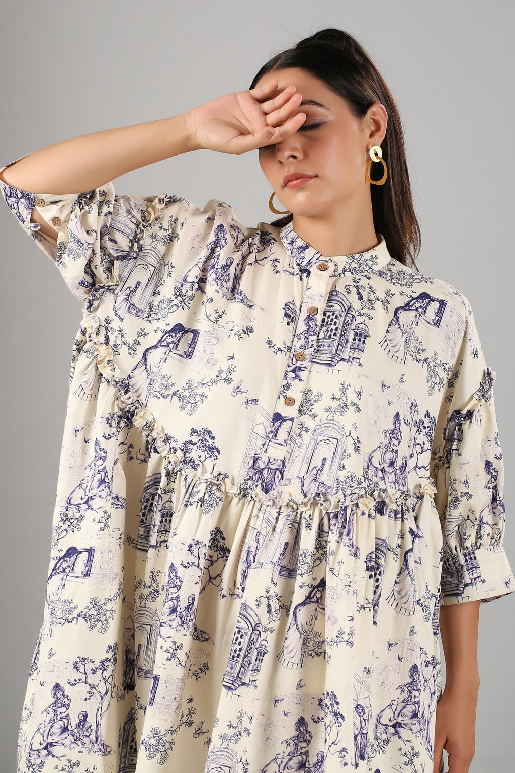 White Printed Mini Dress by MOH-The Eternal Dhaga with Casual Wear, Cotton, Mini Dresses, Moh-The eternal Dhaga, Natural, Prints, Relaxed Fit, Shirt Dresses, White, Womenswear at Kamakhyaa for sustainable fashion