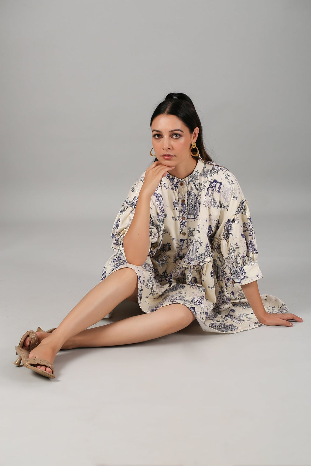 White Printed Mini Dress by MOH-The Eternal Dhaga with Casual Wear, Cotton, Mini Dresses, Moh-The eternal Dhaga, Natural, Prints, Relaxed Fit, Shirt Dresses, White, Womenswear at Kamakhyaa for sustainable fashion