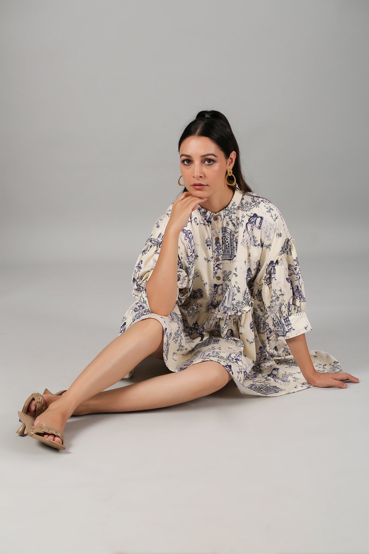 White Printed Mini Dress by MOH-The Eternal Dhaga with Casual Wear, Cotton, Mini Dresses, Moh-The eternal Dhaga, Natural, Prints, Relaxed Fit, Shirt Dresses, White, Womenswear at Kamakhyaa for sustainable fashion