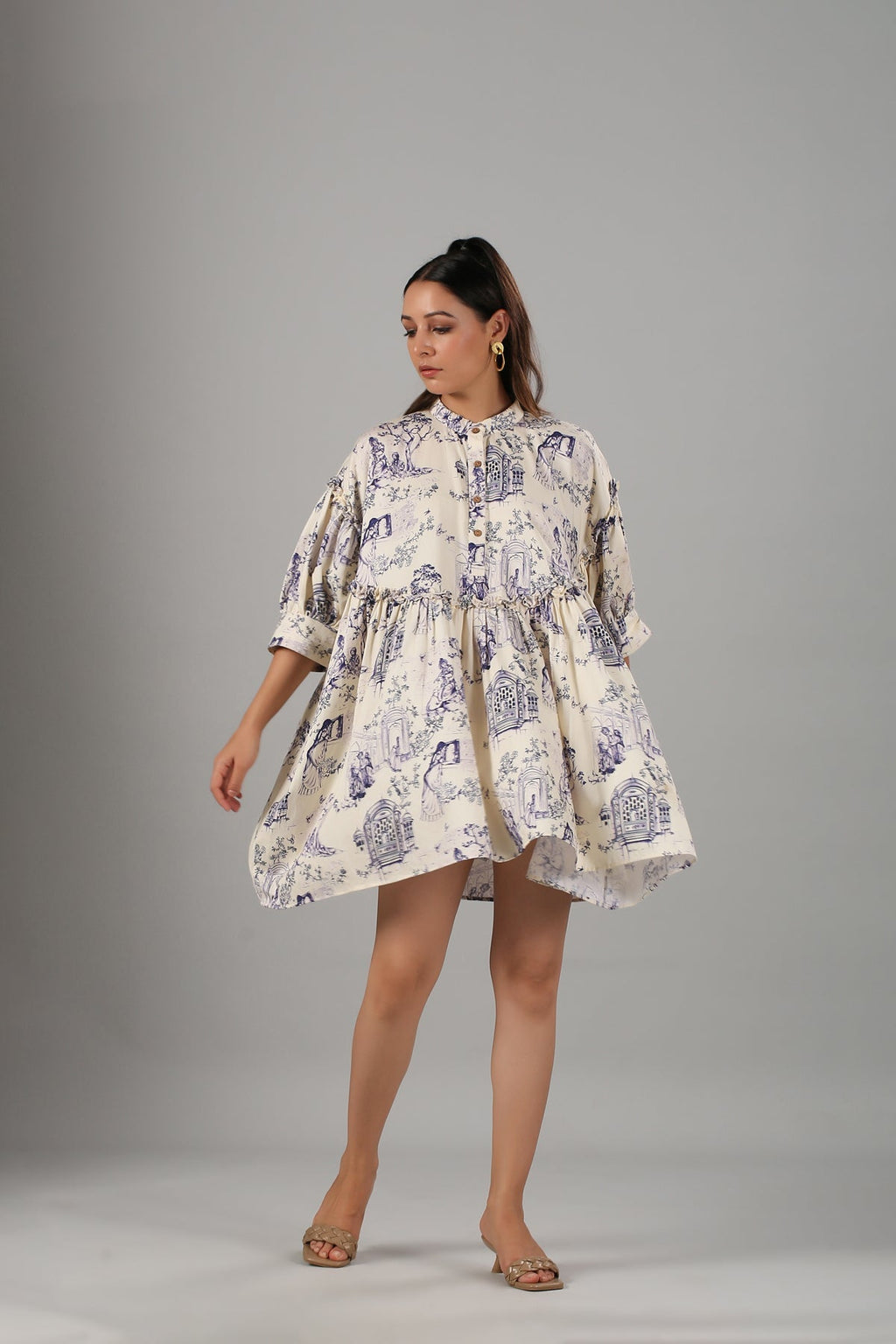 White Printed Mini Dress by MOH-The Eternal Dhaga with Casual Wear, Cotton, Mini Dresses, Moh-The eternal Dhaga, Natural, Prints, Relaxed Fit, Shirt Dresses, White, Womenswear at Kamakhyaa for sustainable fashion
