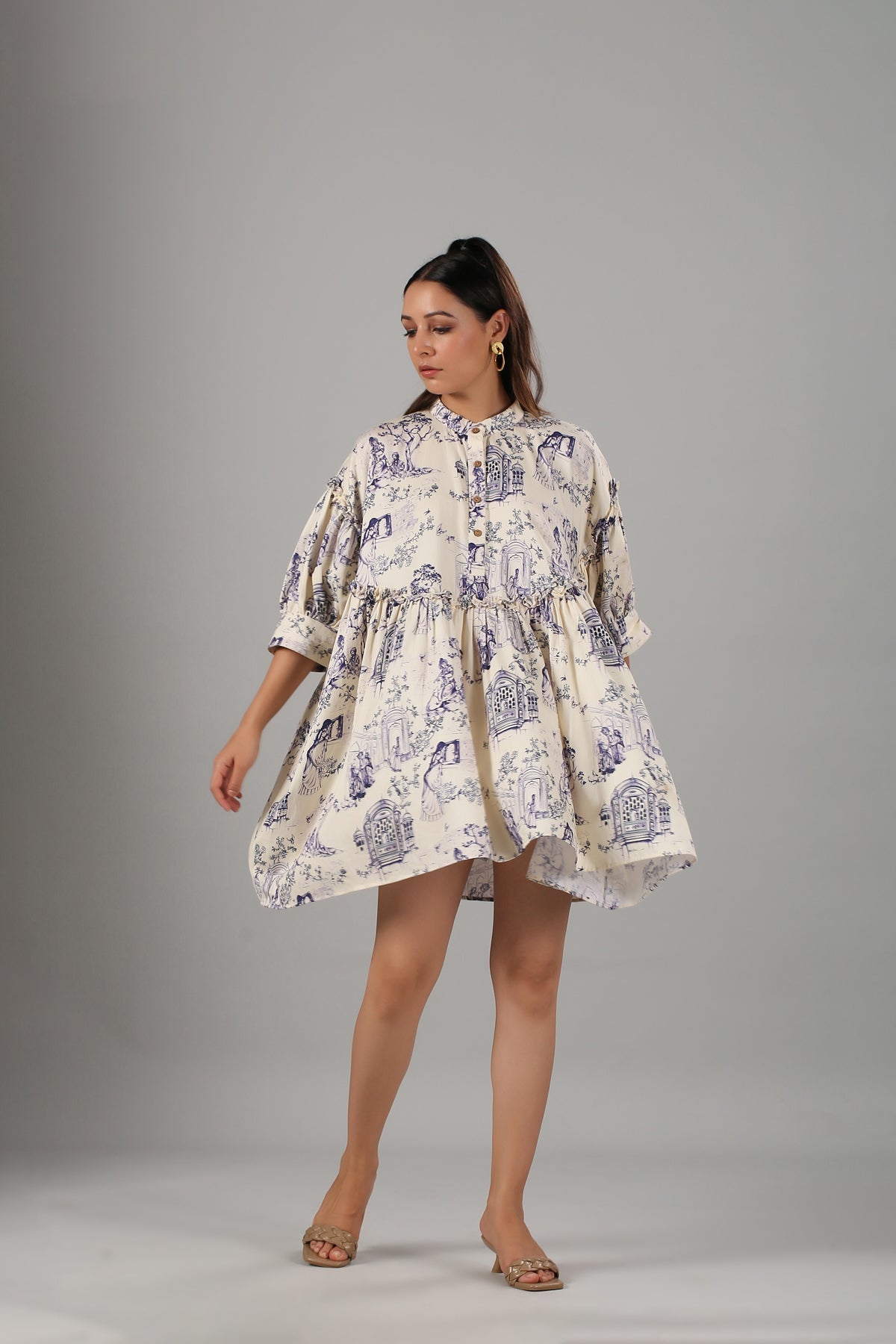 White Printed Mini Dress by MOH-The Eternal Dhaga with Casual Wear, Cotton, Mini Dresses, Moh-The eternal Dhaga, Natural, Prints, Relaxed Fit, Shirt Dresses, White, Womenswear at Kamakhyaa for sustainable fashion