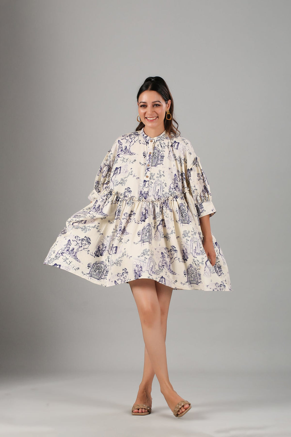 White Printed Mini Dress by MOH-The Eternal Dhaga with Casual Wear, Cotton, Mini Dresses, Moh-The eternal Dhaga, Natural, Prints, Relaxed Fit, Shirt Dresses, White, Womenswear at Kamakhyaa for sustainable fashion