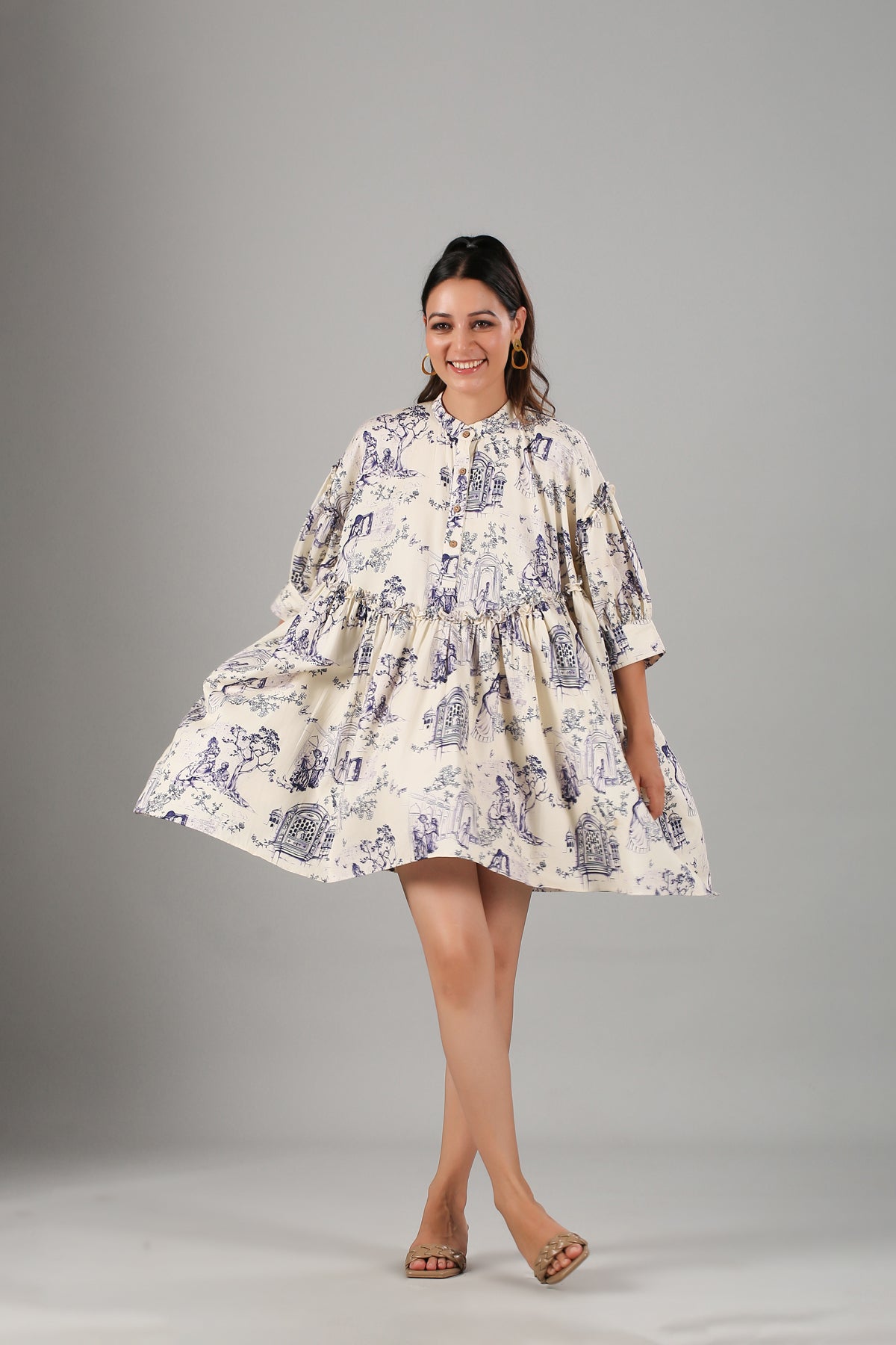 White Printed Mini Dress by MOH-The Eternal Dhaga with Casual Wear, Cotton, Mini Dresses, Moh-The eternal Dhaga, Natural, Prints, Relaxed Fit, Shirt Dresses, White, Womenswear at Kamakhyaa for sustainable fashion