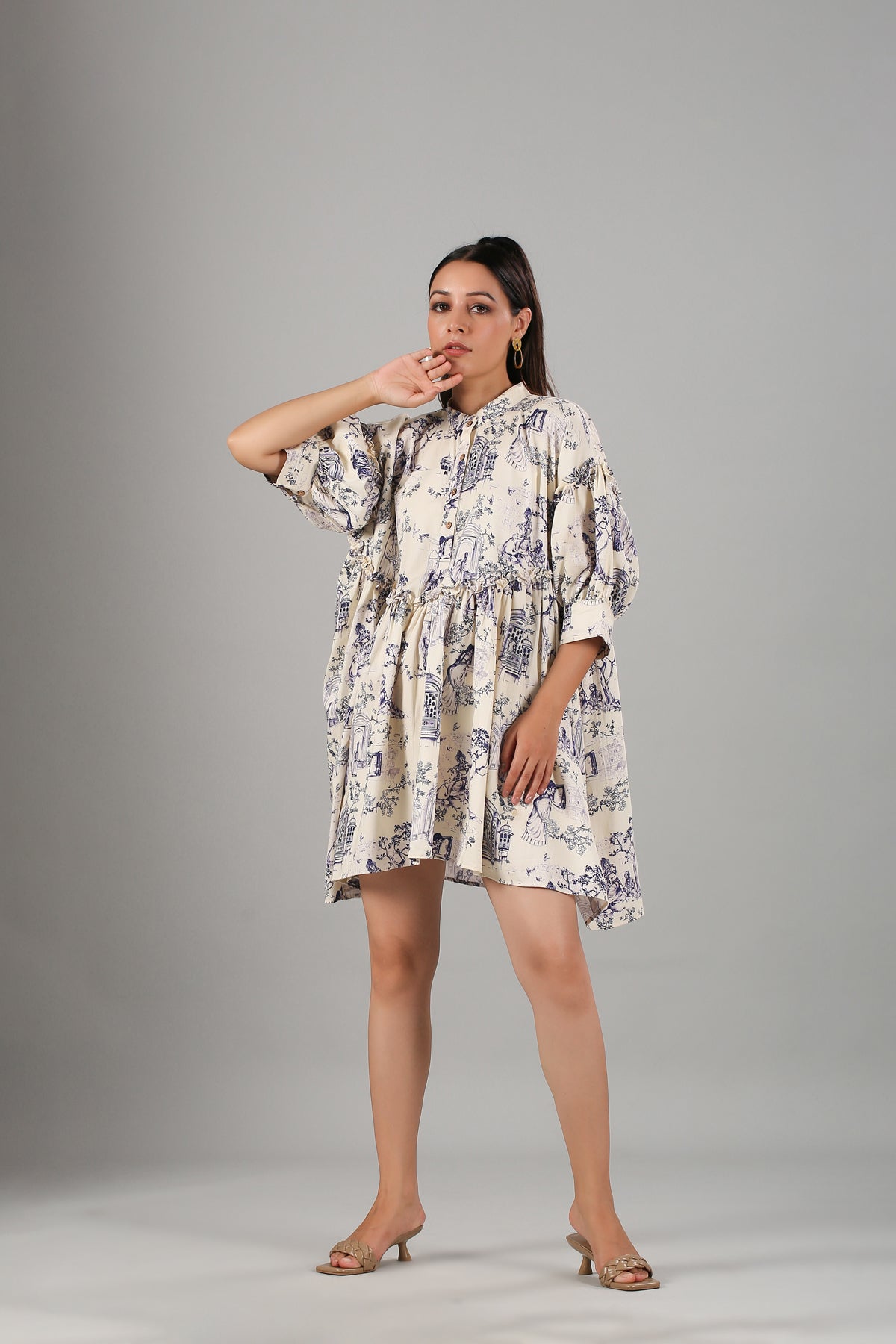 White Printed Mini Dress by MOH-The Eternal Dhaga with Casual Wear, Cotton, Mini Dresses, Moh-The eternal Dhaga, Natural, Prints, Relaxed Fit, Shirt Dresses, White, Womenswear at Kamakhyaa for sustainable fashion