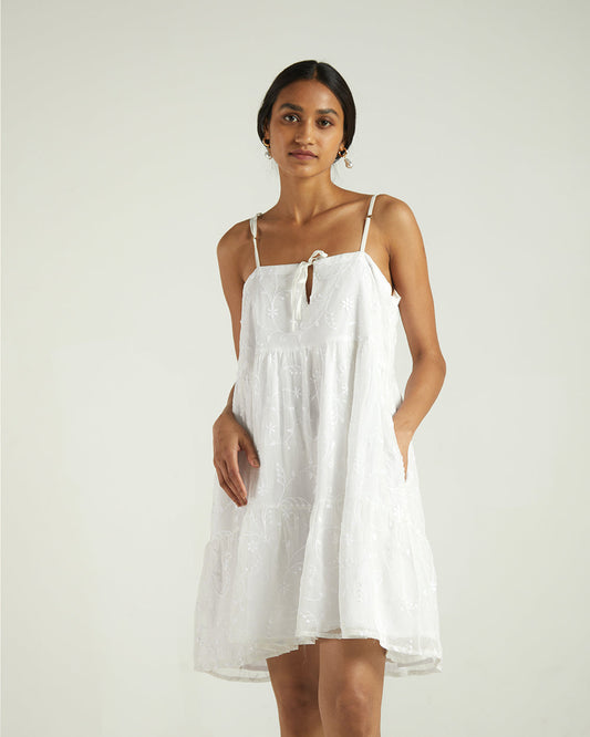 White Sleeveless Tier Dress by Reistor with A Summer Situation by Reistor, Bemberg, Best Selling, Casual Wear, Chiffon, FB ADS JUNE, Highend fashion, Mini Dresses, Natural, Sleeveless Dresses, Solids, White, Womenswear at Kamakhyaa for sustainable fashion