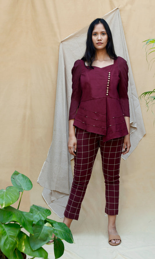 Maroon Linen Full Sleeve Complete Set by Chambray & Co. with Casual Wear, Co-ord Sets, Echo, Hand Spun Cotton, Linen, Natural, Office, Office Wear Co-ords, Purple, Regular Fit, Render by Chambray & Co., Solids, Womenswear at Kamakhyaa for sustainable fashion