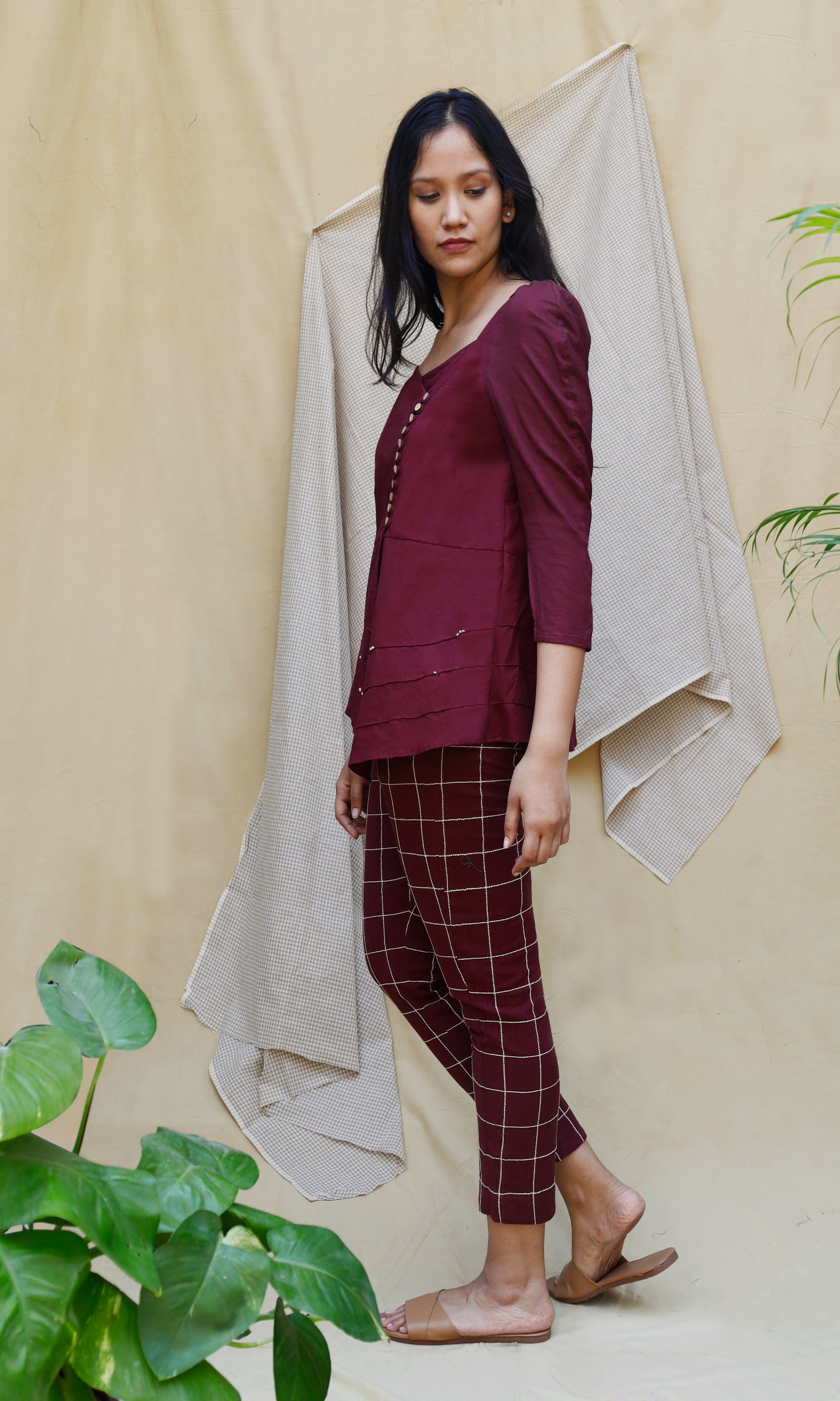 Maroon Linen Full Sleeve Complete Set by Chambray & Co. with Casual Wear, Co-ord Sets, Echo, Hand Spun Cotton, Linen, Natural, Office, Office Wear Co-ords, Purple, Regular Fit, Render by Chambray & Co., Solids, Womenswear at Kamakhyaa for sustainable fashion