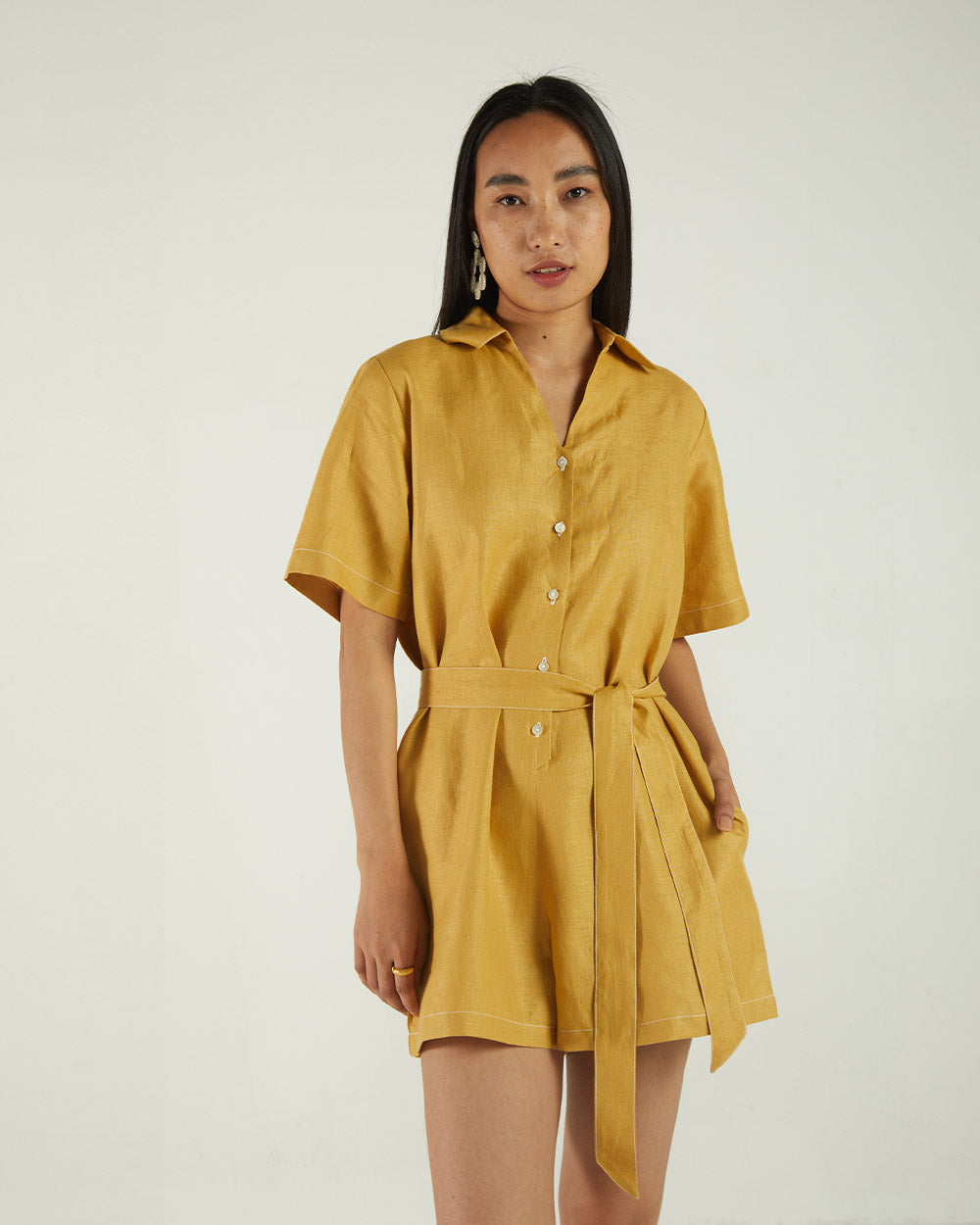 Yellow Bemberg Jumpsuits by Reistor with Bemberg, Best Selling, Casual Wear, Earth by Reistor, FB ADS JUNE, Hemp, Jumpsuits, Natural, rompers, Solids, Womenswear at Kamakhyaa for sustainable fashion