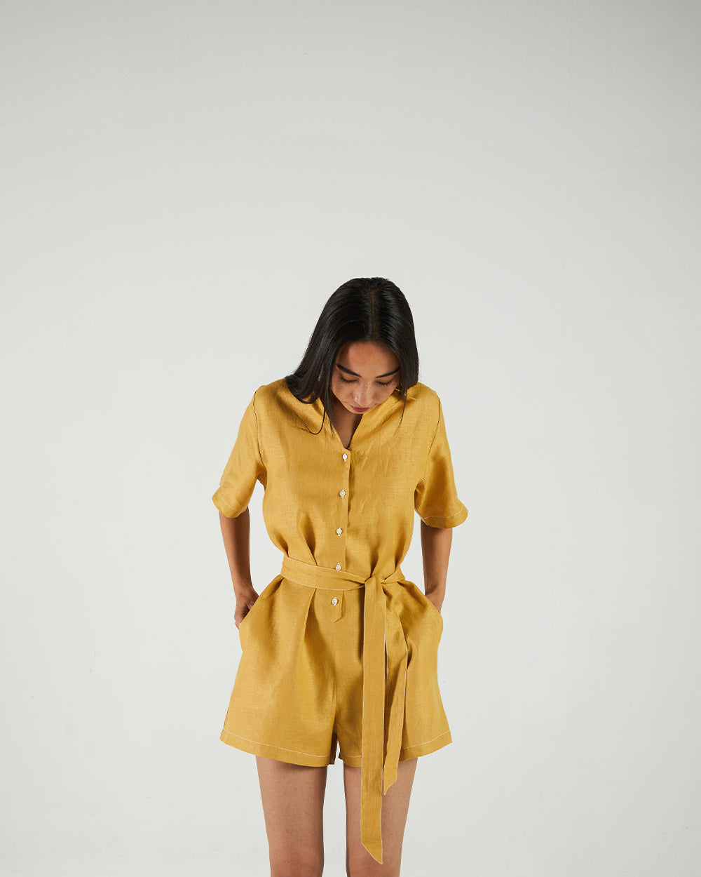 Yellow Bemberg Jumpsuits by Reistor with Bemberg, Best Selling, Casual Wear, Earth by Reistor, FB ADS JUNE, Hemp, Jumpsuits, Natural, rompers, Solids, Womenswear at Kamakhyaa for sustainable fashion