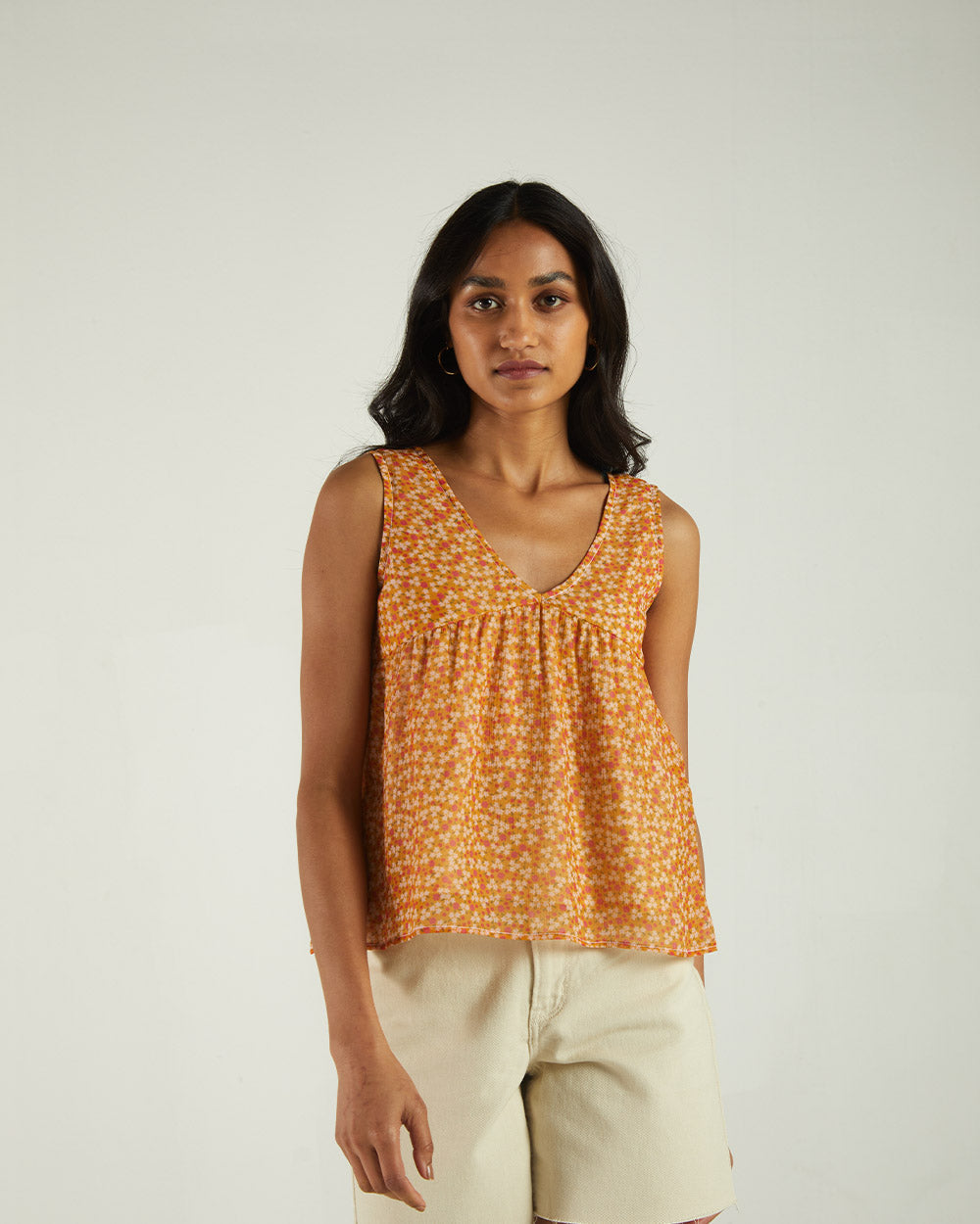 Yellow Floral Sleeveless Crop Top by Reistor with A Summer Situation by Reistor, Bemberg, Casual Wear, Chiffon, Crop Tops, Natural, Prints, Tops, Womenswear, Yellow at Kamakhyaa for sustainable fashion