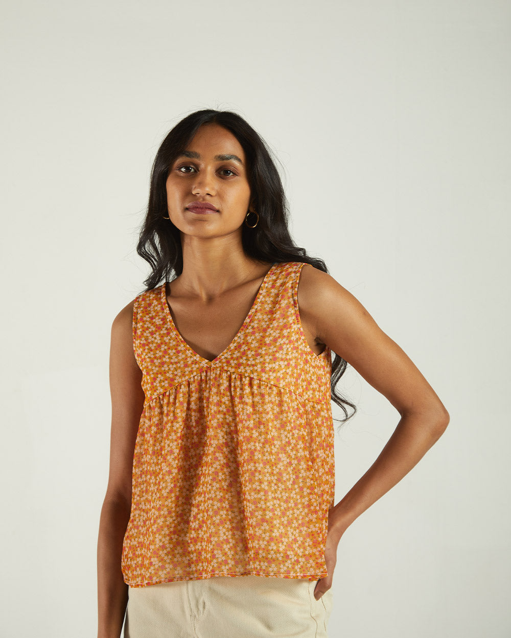 Yellow Floral Sleeveless Crop Top by Reistor with A Summer Situation by Reistor, Bemberg, Casual Wear, Chiffon, Crop Tops, Natural, Prints, Tops, Womenswear, Yellow at Kamakhyaa for sustainable fashion