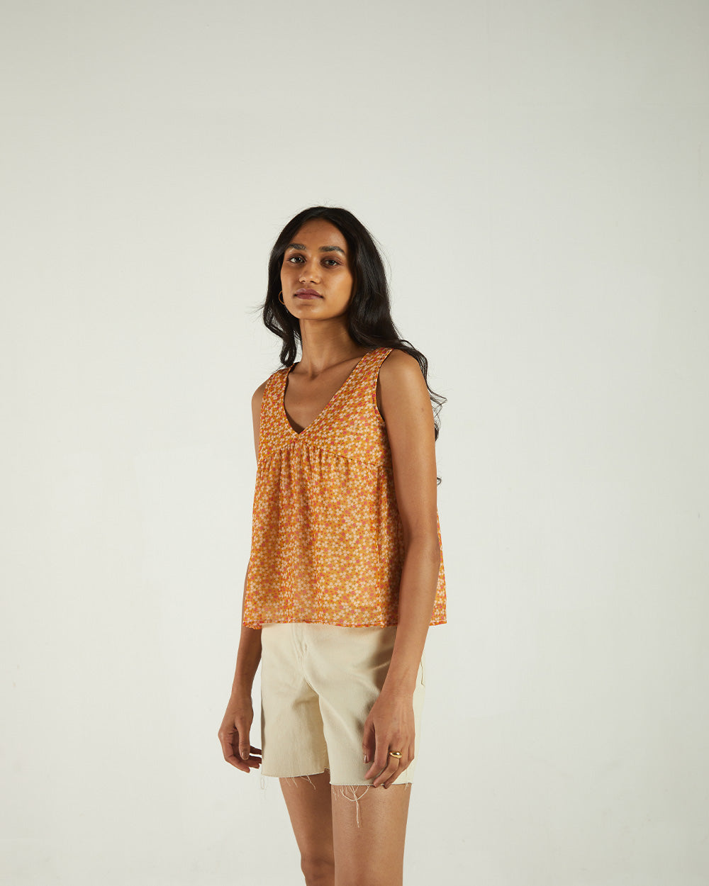 Yellow Floral Sleeveless Crop Top by Reistor with A Summer Situation by Reistor, Bemberg, Casual Wear, Chiffon, Crop Tops, Natural, Prints, Tops, Womenswear, Yellow at Kamakhyaa for sustainable fashion
