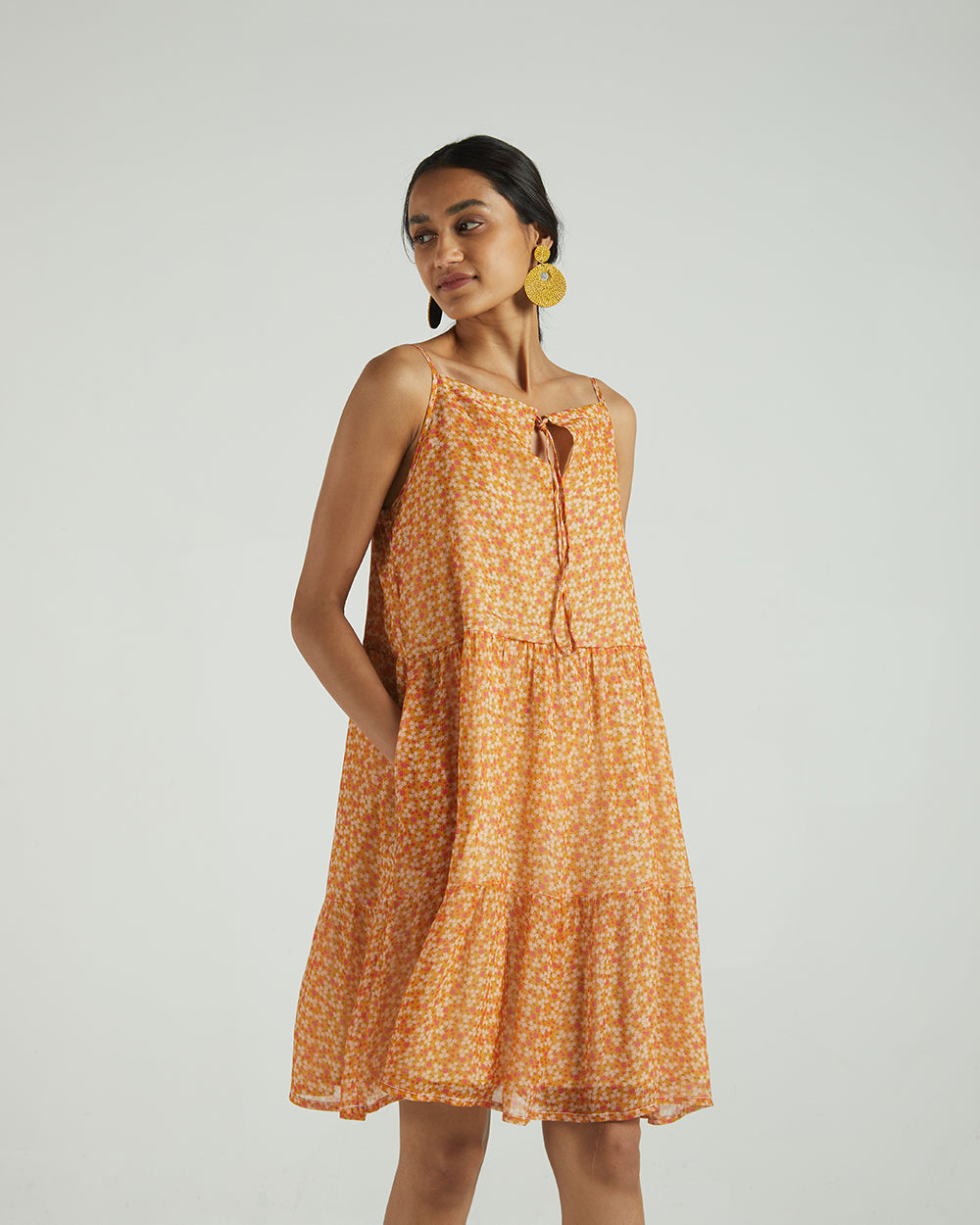 Yellow Sleeveless Tier Dress by Reistor with A Summer Situation by Reistor, Bemberg, Best Selling, Casual Wear, Chiffon, Mini Dresses, Natural, Sleeveless Dresses, Tiered Dresses, Womenswear, Yellow at Kamakhyaa for sustainable fashion