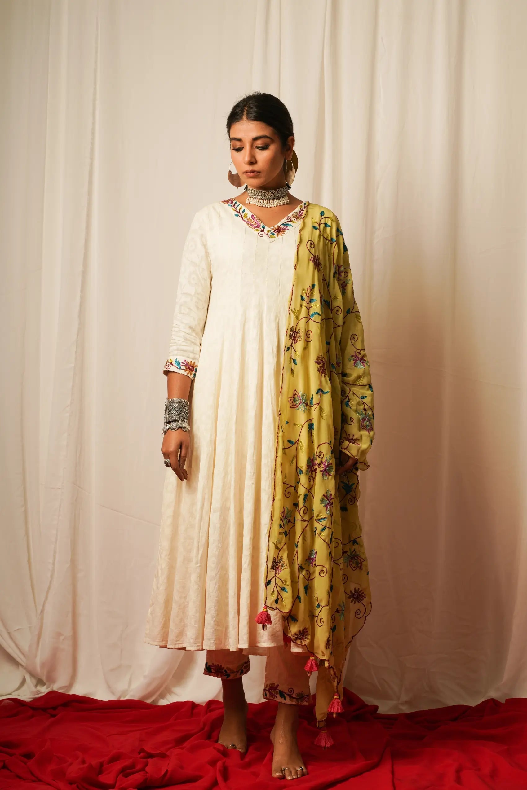 Anarkali Kurta, Pants And Duppata - Set Of Three by Keva with Best Selling, Cotton Lurex, Embroidered, For Mother, Green, Indian Wear, Kurta Pant Sets, Kurta Set With Dupatta, Natural, Relaxed Fit, Resort Wear, Tatriz, White, Womenswear at Kamakhyaa for sustainable fashion