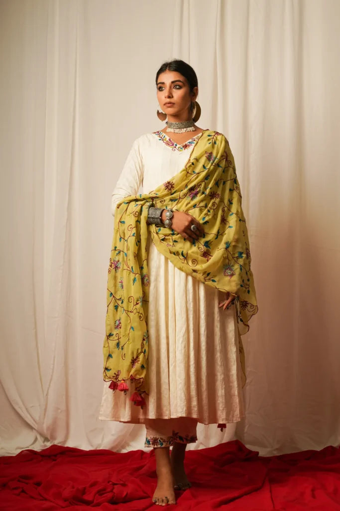 Anarkali Kurta, Pants And Duppata - Set Of Three by Keva with Best Selling, Cotton Lurex, Embroidered, For Mother, Green, Indian Wear, Kurta Pant Sets, Kurta Set With Dupatta, Natural, Relaxed Fit, Resort Wear, Tatriz, White, Womenswear at Kamakhyaa for sustainable fashion