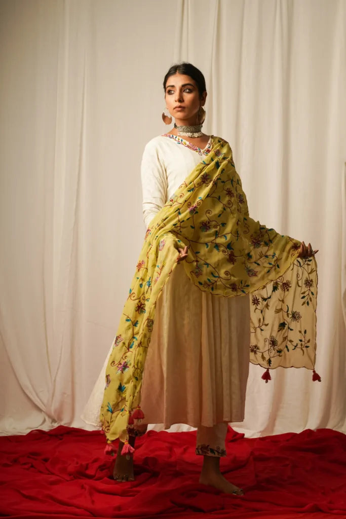 Anarkali Kurta, Pants And Duppata - Set Of Three by Keva with Best Selling, Cotton Lurex, Embroidered, For Mother, Green, Indian Wear, Kurta Pant Sets, Kurta Set With Dupatta, Natural, Relaxed Fit, Resort Wear, Tatriz, White, Womenswear at Kamakhyaa for sustainable fashion