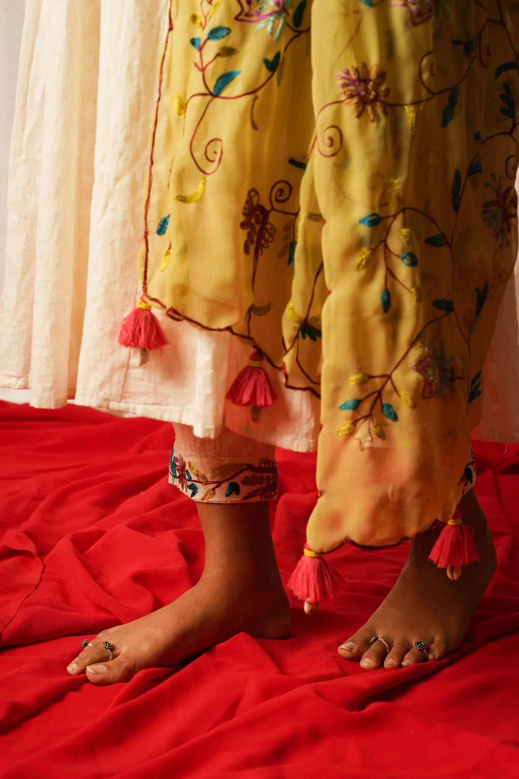 Anarkali Kurta, Pants And Duppata - Set Of Three by Keva with Best Selling, Cotton Lurex, Embroidered, For Mother, Green, Indian Wear, Kurta Pant Sets, Kurta Set With Dupatta, Natural, Relaxed Fit, Resort Wear, Tatriz, White, Womenswear at Kamakhyaa for sustainable fashion