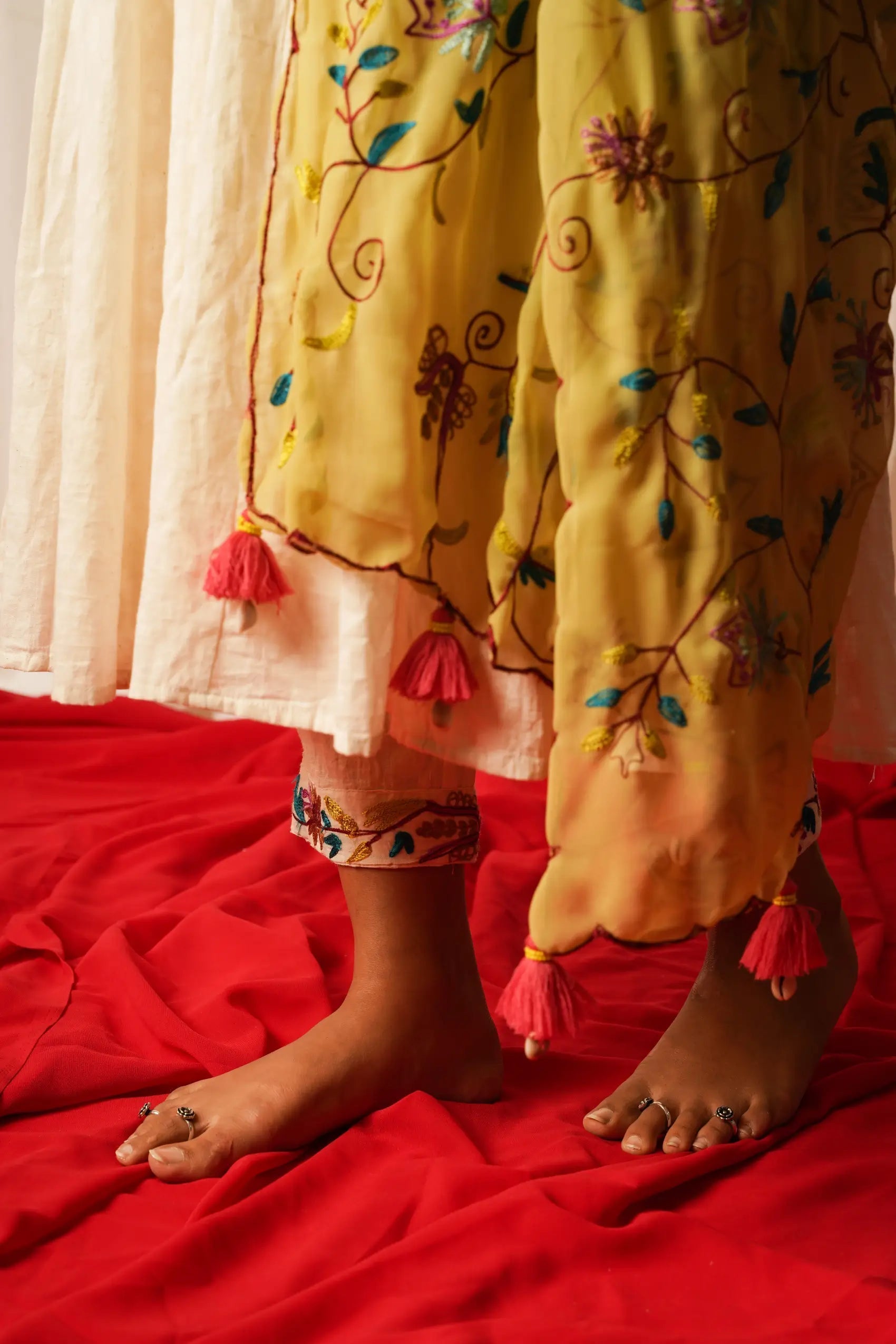 Anarkali Kurta, Pants And Duppata - Set Of Three by Keva with Best Selling, Cotton Lurex, Embroidered, For Mother, Green, Indian Wear, Kurta Pant Sets, Kurta Set With Dupatta, Natural, Relaxed Fit, Resort Wear, Tatriz, White, Womenswear at Kamakhyaa for sustainable fashion