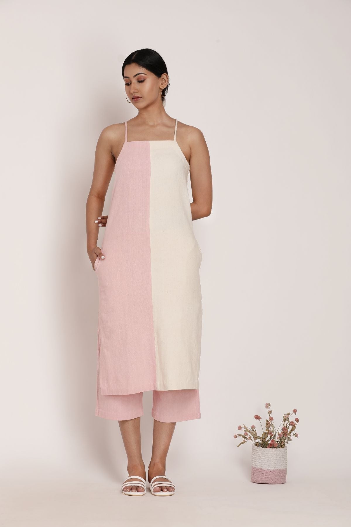 Tansi Dress and Blush Pants by Itya with Casual Wear, Co-ord Sets, Hand Spun Cotton, Handwoven cotton, Natural, Office, Office Wear Co-ords, Pastel Perfect, Pastel Perfect by Itya, Pink, Plant Dye, Regular Fit, Solids, SS22, Womenswear at Kamakhyaa for sustainable fashion