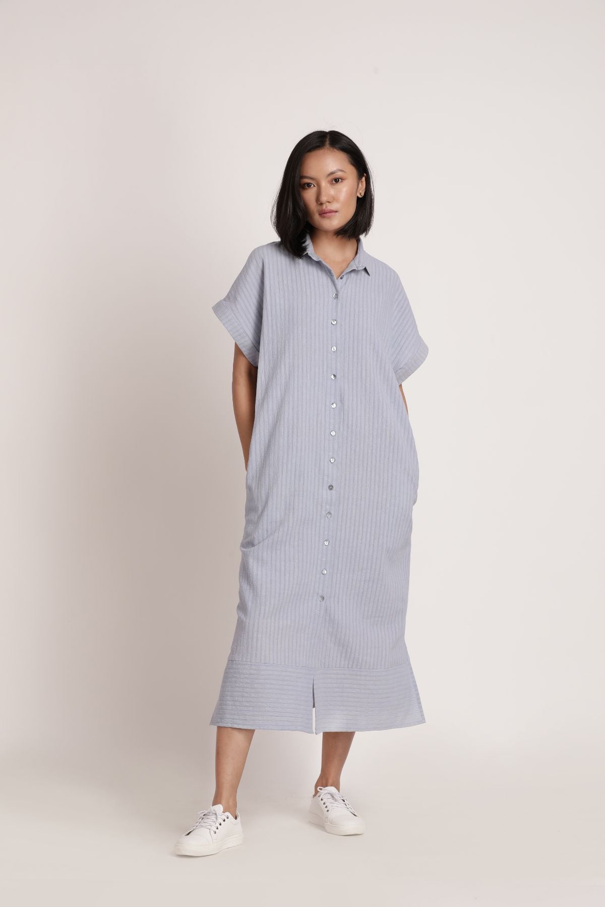Kaftan Long Shirt by Itya with Blue, Casual Wear, Hand Spun Cotton, Handwoven cotton, Midi Dresses, Natural, Pastel Perfect, Pastel Perfect by Itya, Plant Dye, Purple, Relaxed Fit, Shirt Dresses, Shirts, SS22, Textured, Womenswear, Yellow at Kamakhyaa for sustainable fashion