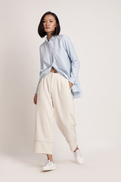 Blue Beju Pants by Itya with Hand Spun Cotton, Handwoven cotton, Natural, Off-white, Office Wear, Pants, Pastel Perfect, Pastel Perfect by Itya, Plant Dye, Relaxed Fit, Solids, SS22, Womenswear at Kamakhyaa for sustainable fashion