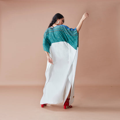 White cotton kaftan by Dan Ba with Cotton, Green, July Sale, July Sale 2023, Kaftans, Maxi Dresses, Natural, Prints, Relaxed Fit, Resort Wear, White, Womenswear at Kamakhyaa for sustainable fashion