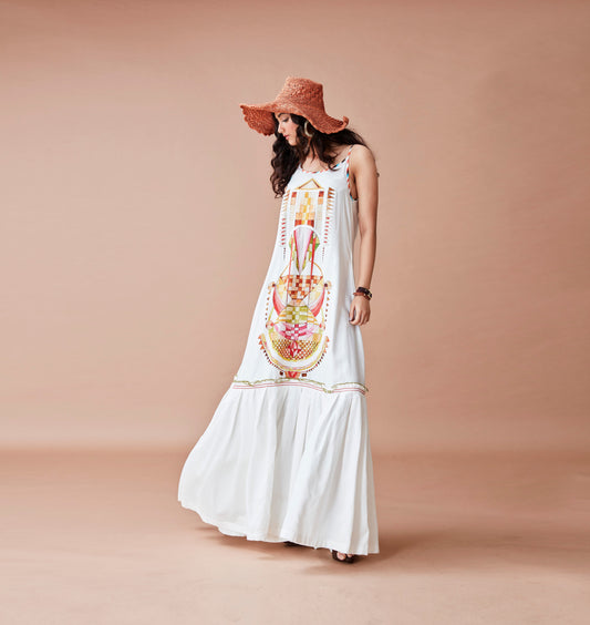 White Cotton Maxi Dress Cotton, Natural, Prints, Relaxed Fit, Kamakhyaa