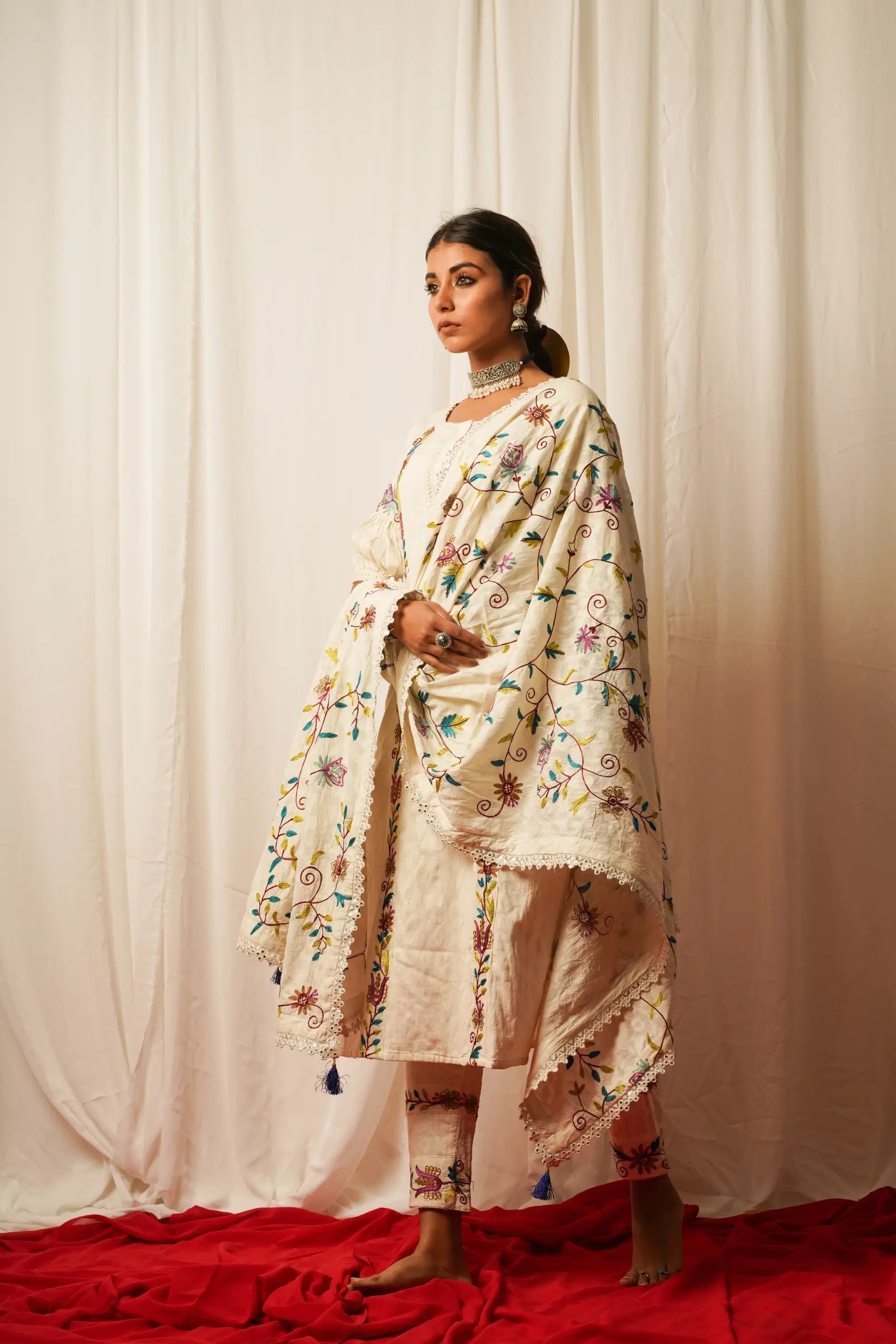 Straight Kurta, Pants And Duppata Set Of Three by Keva with Best Selling, Cotton, Cotton Lurex, Embroidered, Indian Wear, Kurta Pant Sets, Kurta Set With Dupatta, Natural, Prints, Relaxed Fit, Resort Wear, Tatriz, White, Womenswear at Kamakhyaa for sustainable fashion