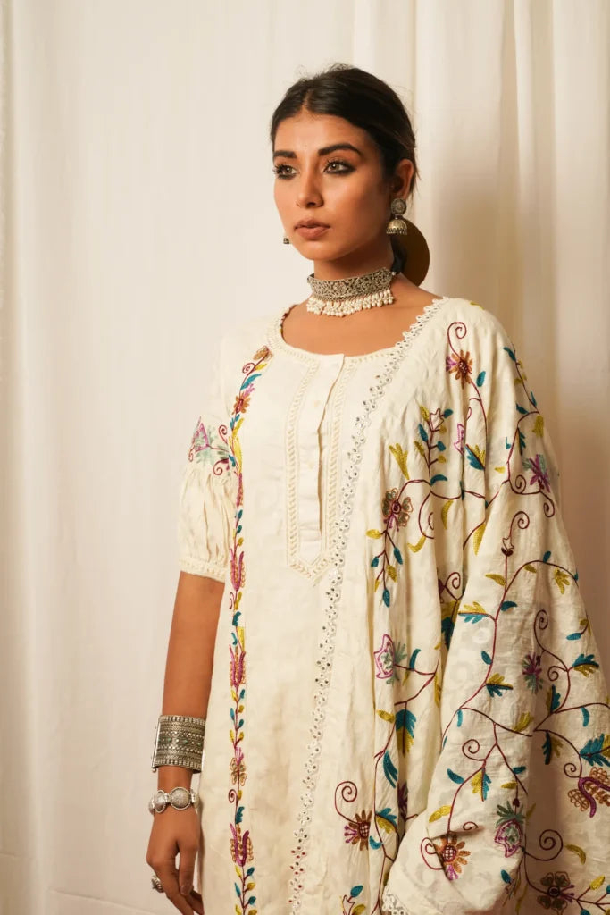 Straight Kurta, Pants And Duppata Set Of Three by Keva with Best Selling, Cotton, Cotton Lurex, Embroidered, Indian Wear, Kurta Pant Sets, Kurta Set With Dupatta, Natural, Prints, Relaxed Fit, Resort Wear, Tatriz, White, Womenswear at Kamakhyaa for sustainable fashion