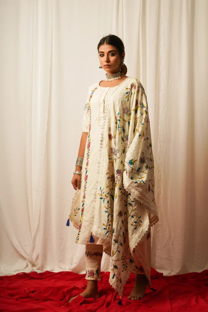 Straight Kurta, Pants And Duppata Set Of Three by Keva with Best Selling, Cotton, Cotton Lurex, Embroidered, Indian Wear, Kurta Pant Sets, Kurta Set With Dupatta, Natural, Prints, Relaxed Fit, Resort Wear, Tatriz, White, Womenswear at Kamakhyaa for sustainable fashion