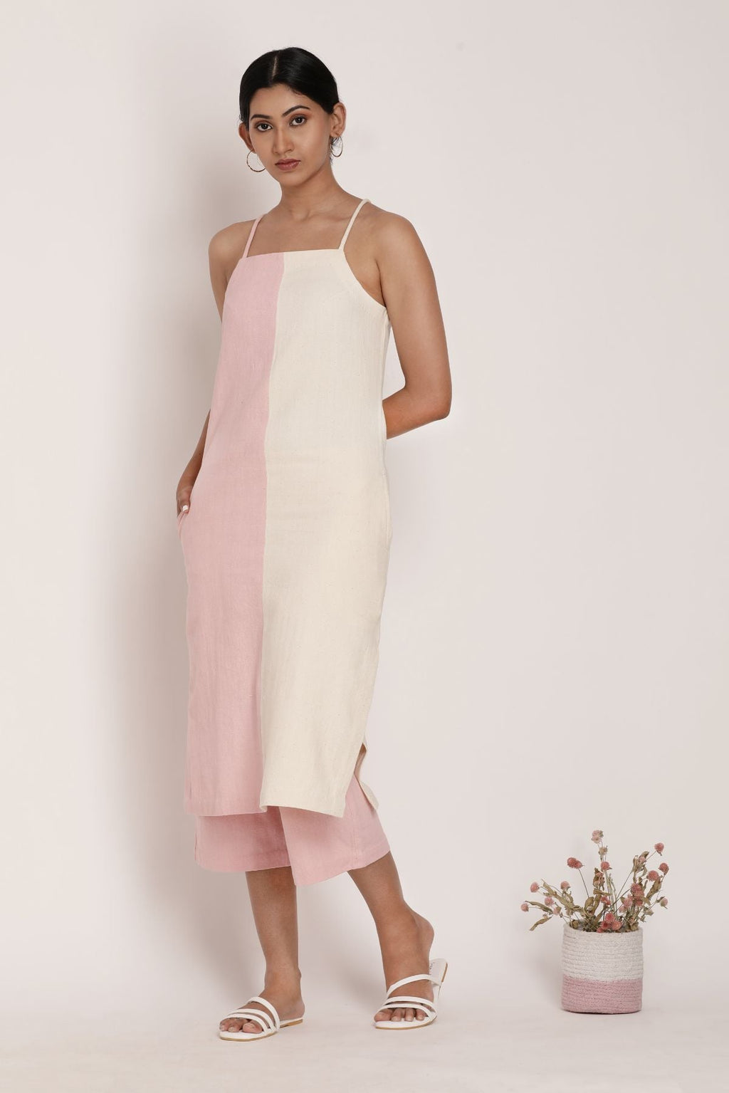 Tansi Dress and Blush Pants by Itya with Casual Wear, Co-ord Sets, Hand Spun Cotton, Handwoven cotton, Natural, Office, Office Wear Co-ords, Pastel Perfect, Pastel Perfect by Itya, Pink, Plant Dye, Regular Fit, Solids, SS22, Womenswear at Kamakhyaa for sustainable fashion